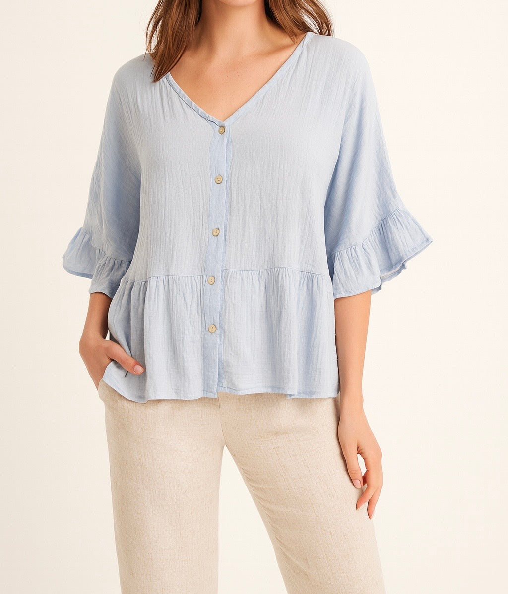 Light Blue Ruffle Sleeve Button Blouse