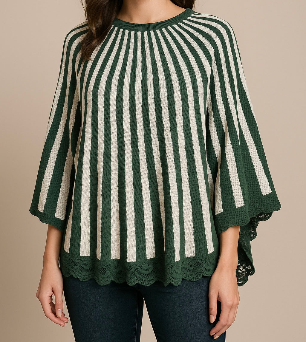 Green/orange Striped Knit Poncho with Layered Lace Hem