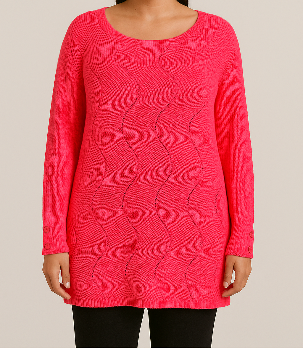Wavy Knit Long-Sleeve Sweater in Bright Pink Description: