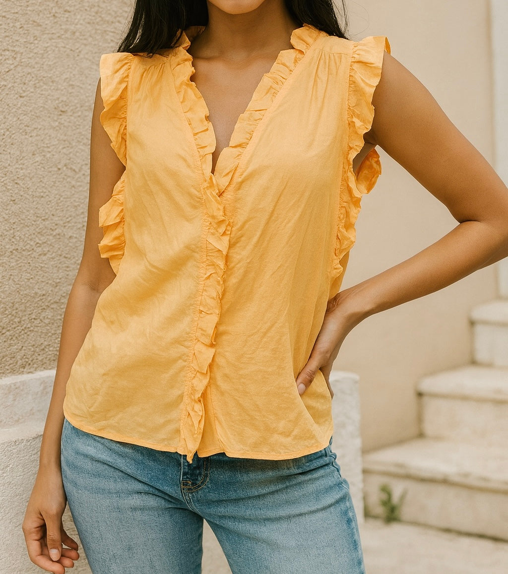 Mustard Ruffle Trim Sleeveless Top