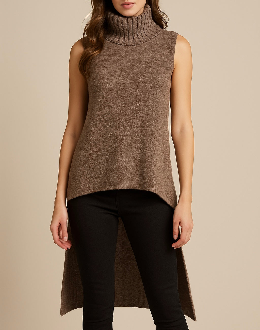 Brown Sleeveless High Low Turtleneck Sweater