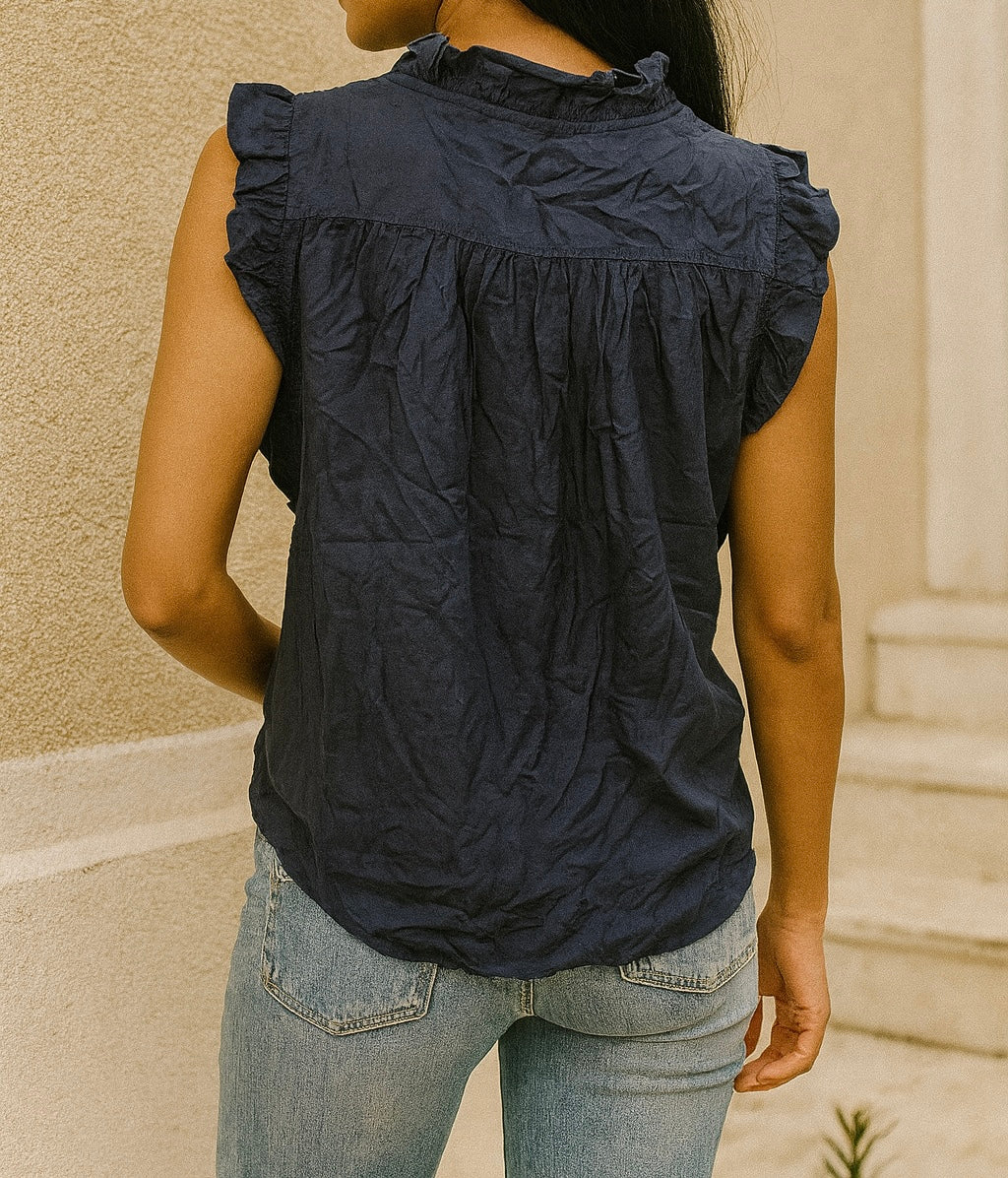 Mustard Ruffle Trim Sleeveless Top