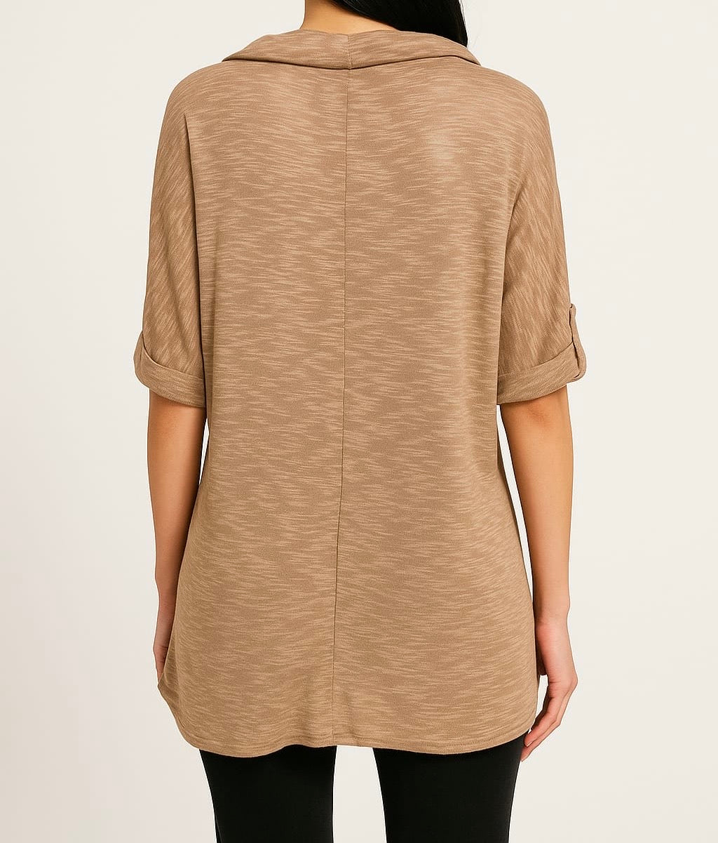 Camel Cowl Neck Roll-Up Sleeve Top