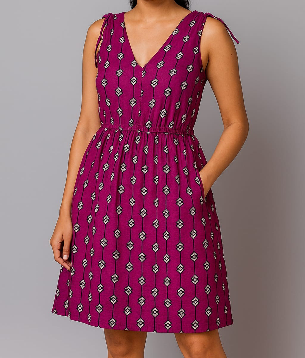 Magenta Geo-Print Sleeveless Dress