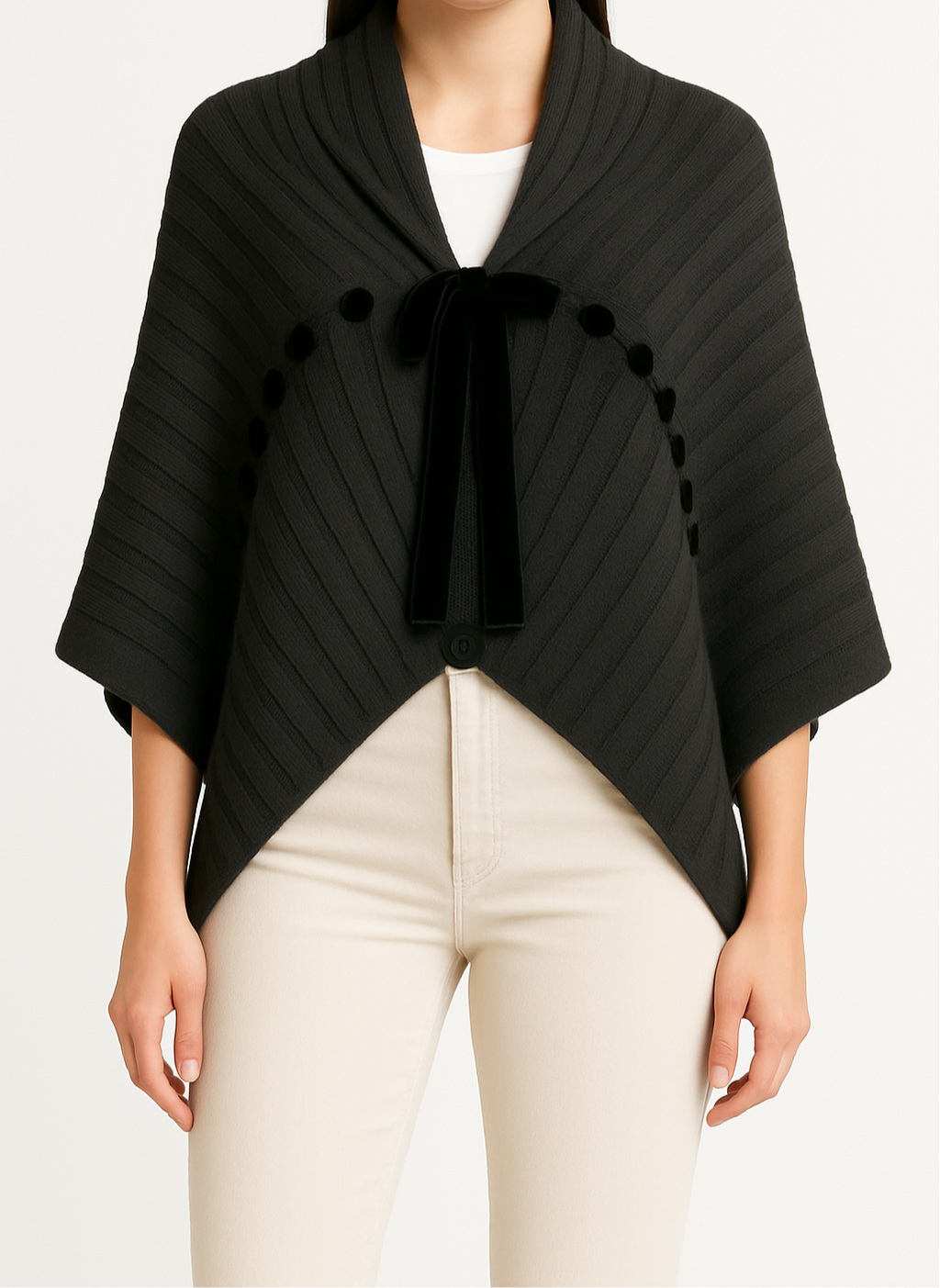Oversized Ribbed Knit Wrap Black Sweater