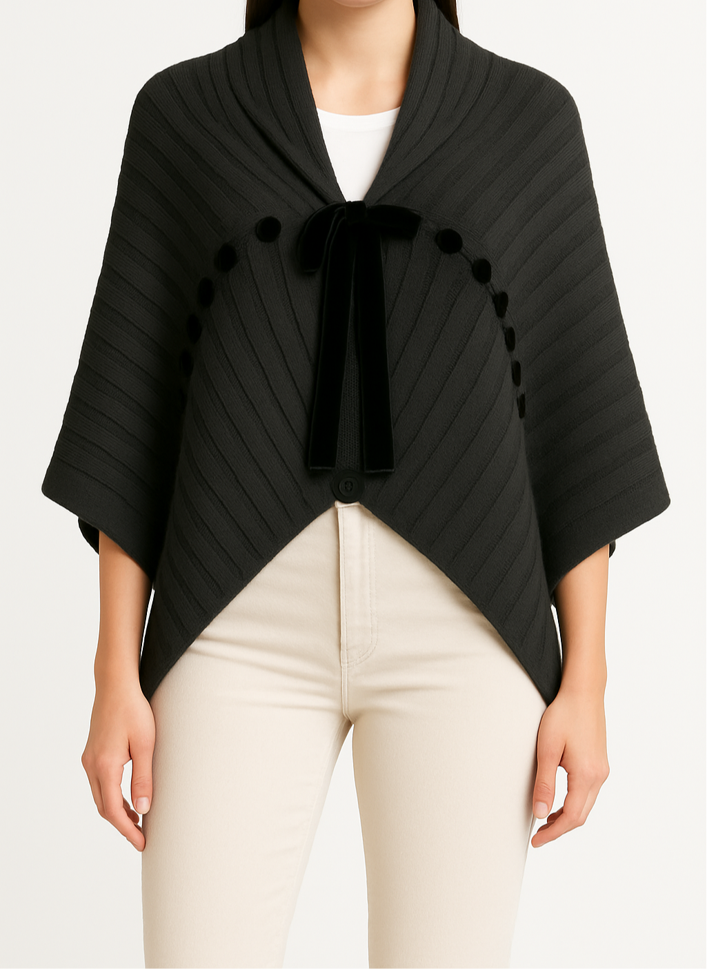 Oversized Ribbed Knit Wrap Black Sweater