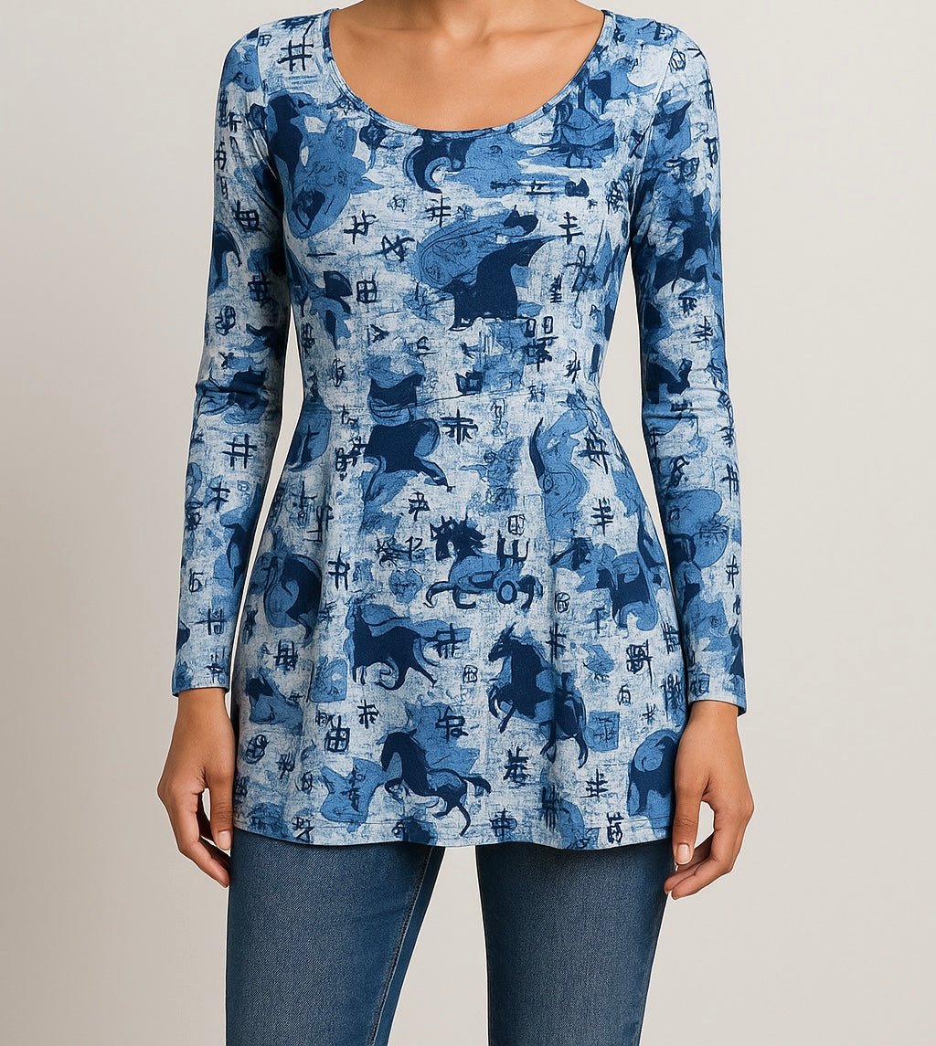 Blue Print Long-Sleeve Top