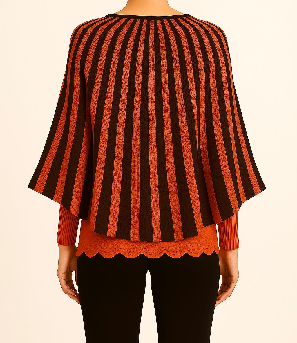 Green/orange Striped Knit Poncho with Layered Lace Hem