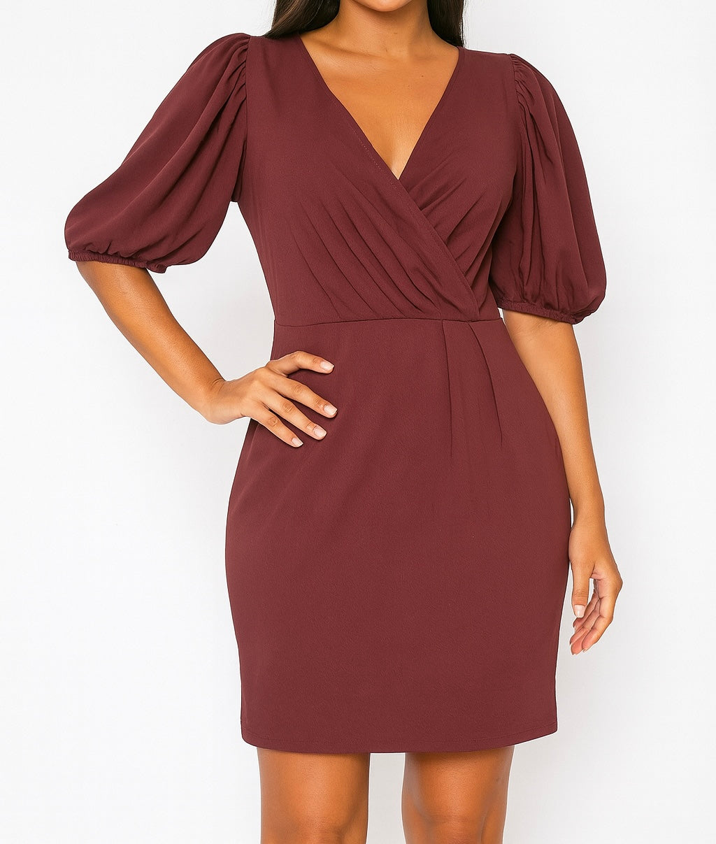 Puff Sleeve Wrap Mini Dress