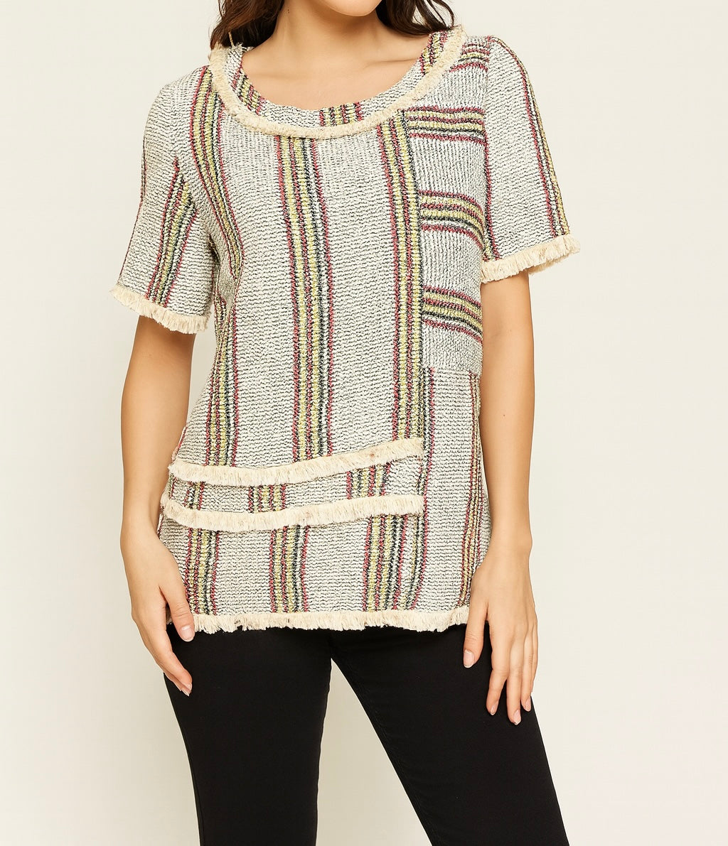 Textured Fringe Trim Striped Top