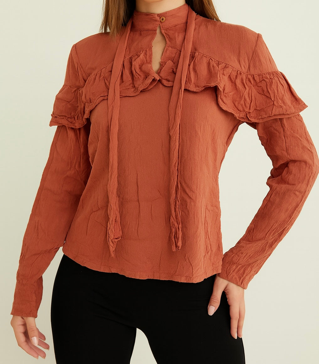Rust Ruffle Tie-Neck Blouse