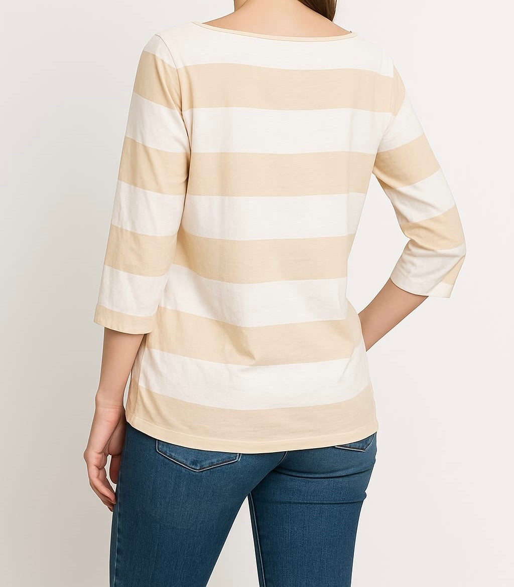 Beige & White Striped 3/4 Sleeve Top