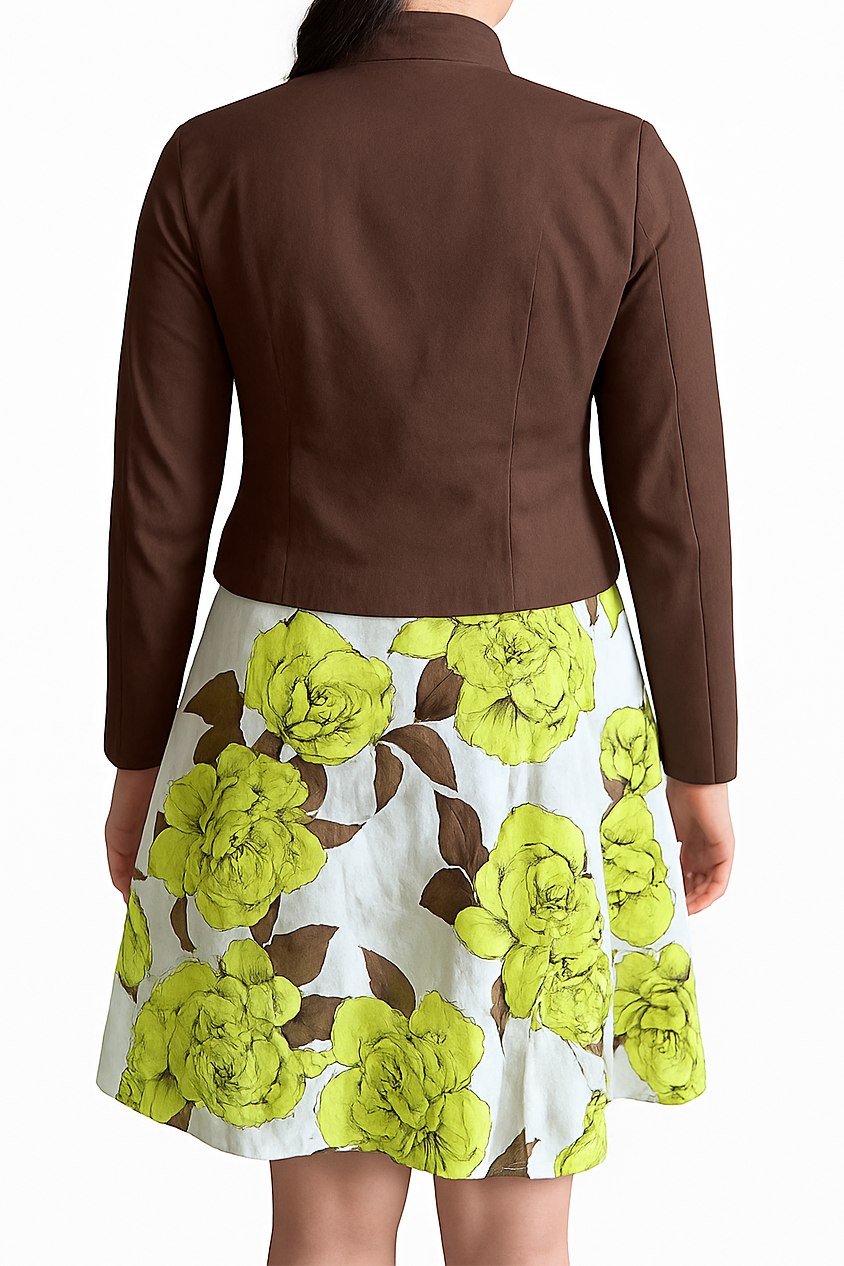 Brown Double-Breasted Buttoned Blazer with Floral Skirt