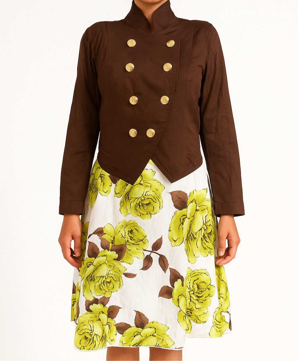 Brown Double-Breasted Buttoned Blazer with Floral Skirt