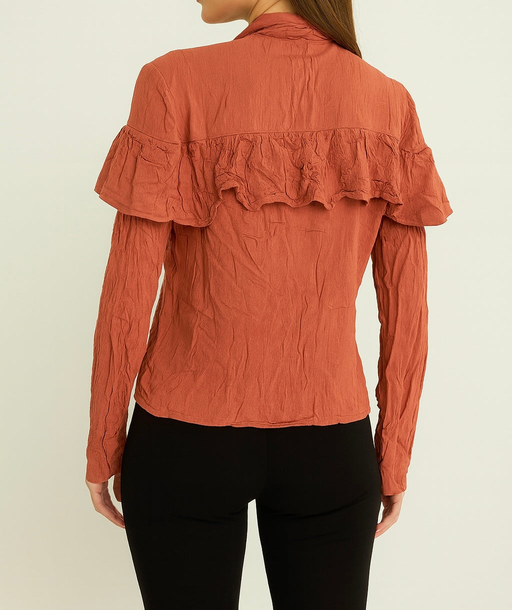 Rust Ruffle Tie-Neck Blouse