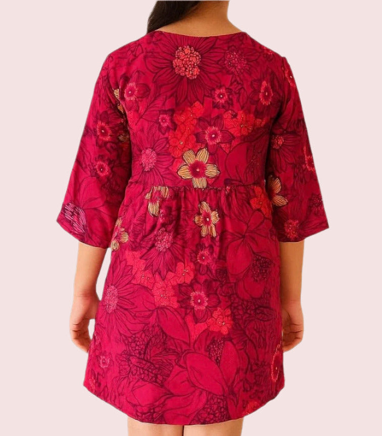 Girls' Floral Maroon A-Line Dress