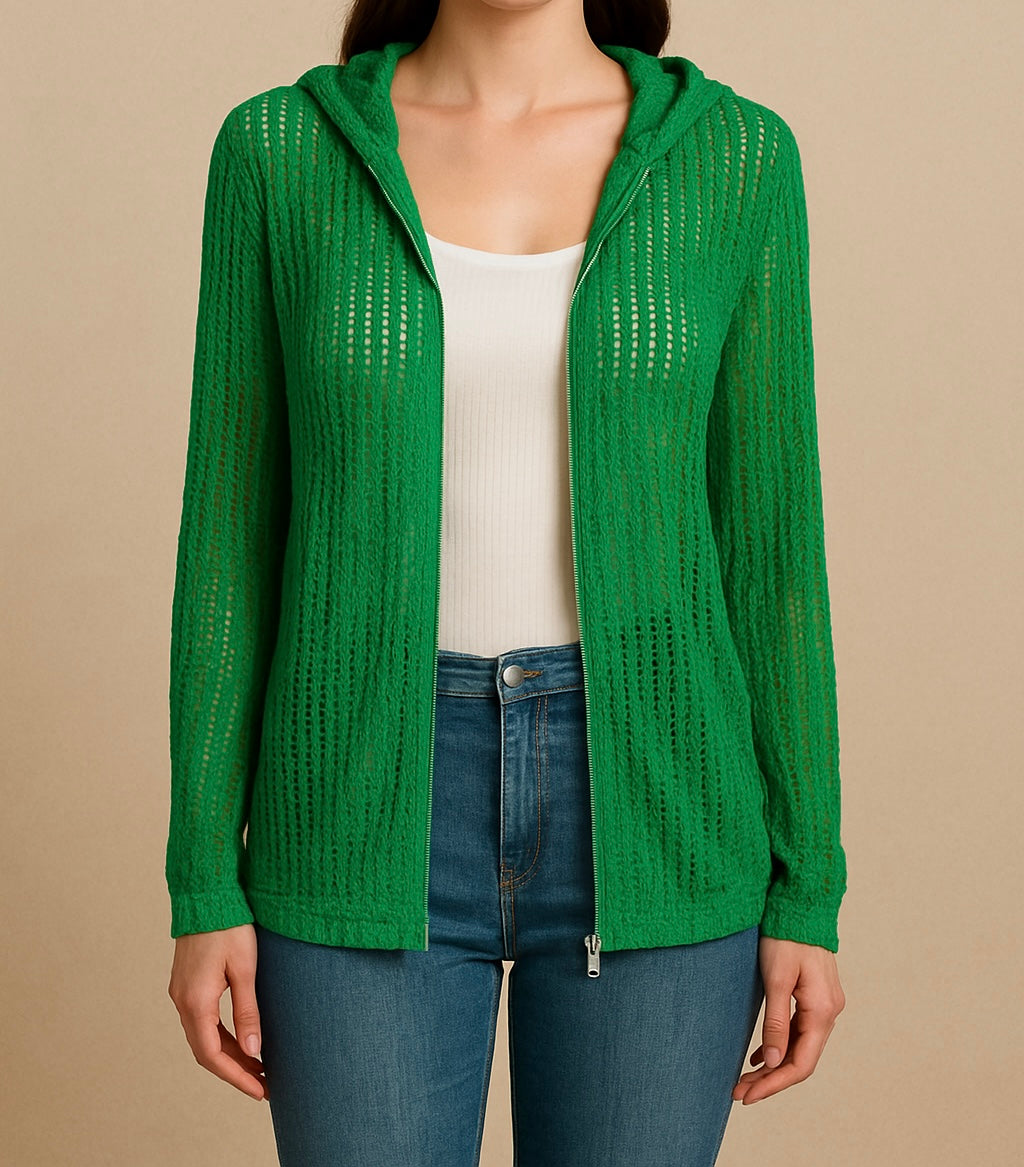 Green Open-Knit Zip-Up Hoodie