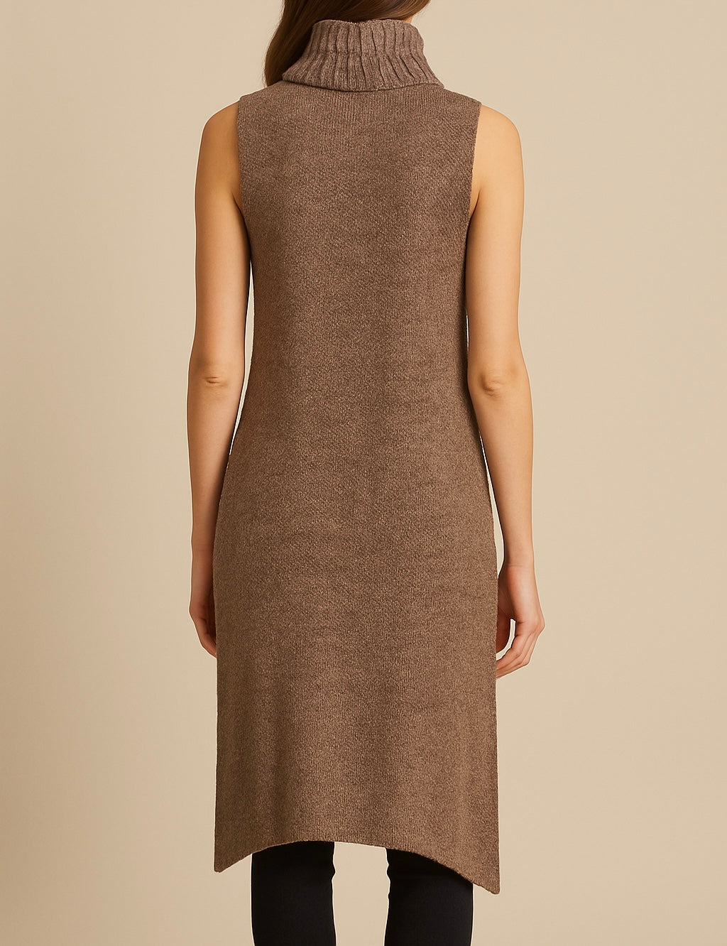 Brown Sleeveless High Low Turtleneck Sweater