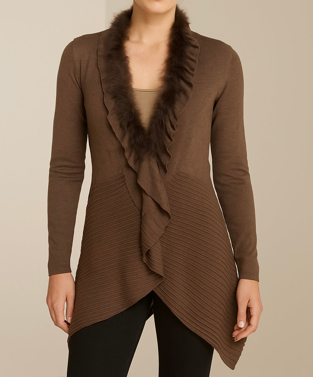 Women's Knit Brown Faux Fur-Trimmed Collar Cardigan
