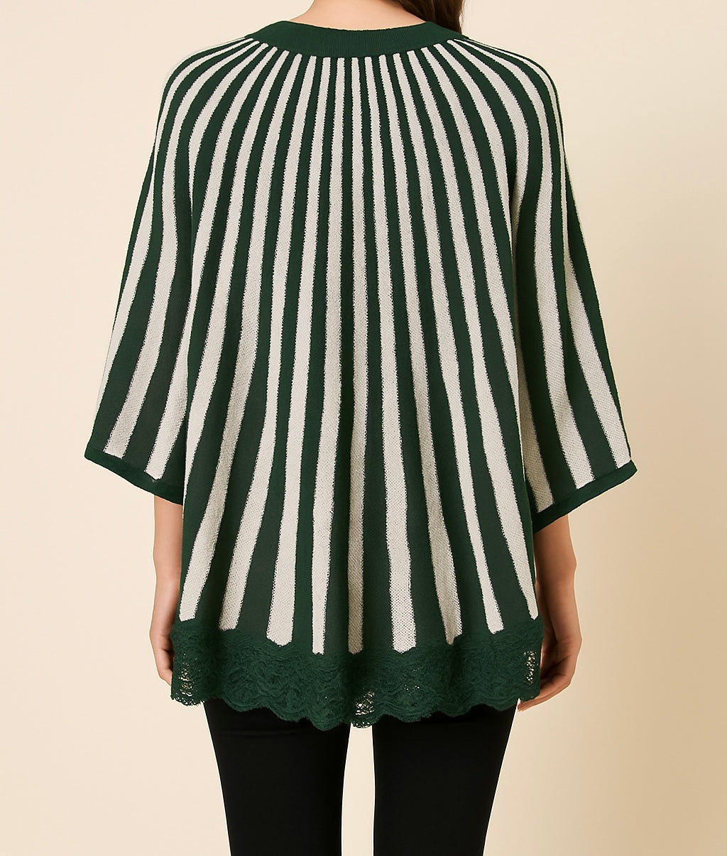 Green/orange Striped Knit Poncho with Layered Lace Hem