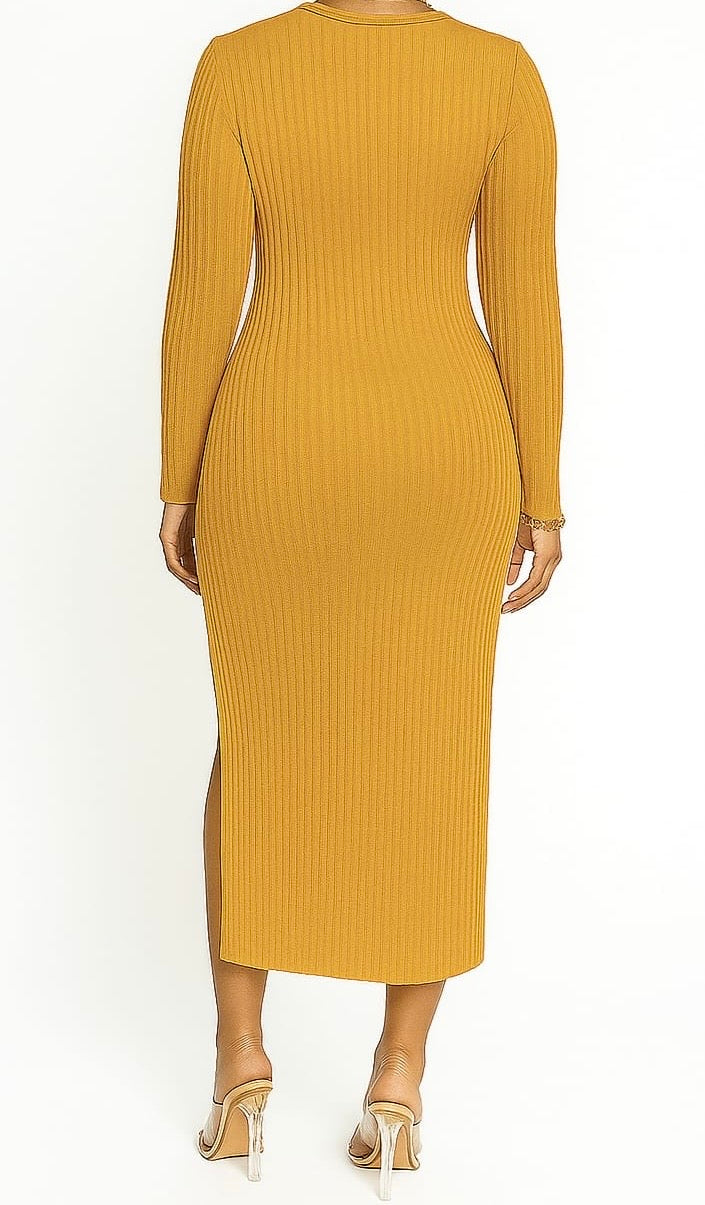 Mustard Ribbed Knit Belted Midi Dress