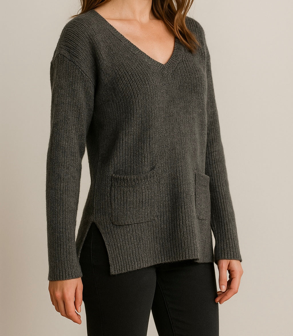 Grey V-Neck Knit Sweater