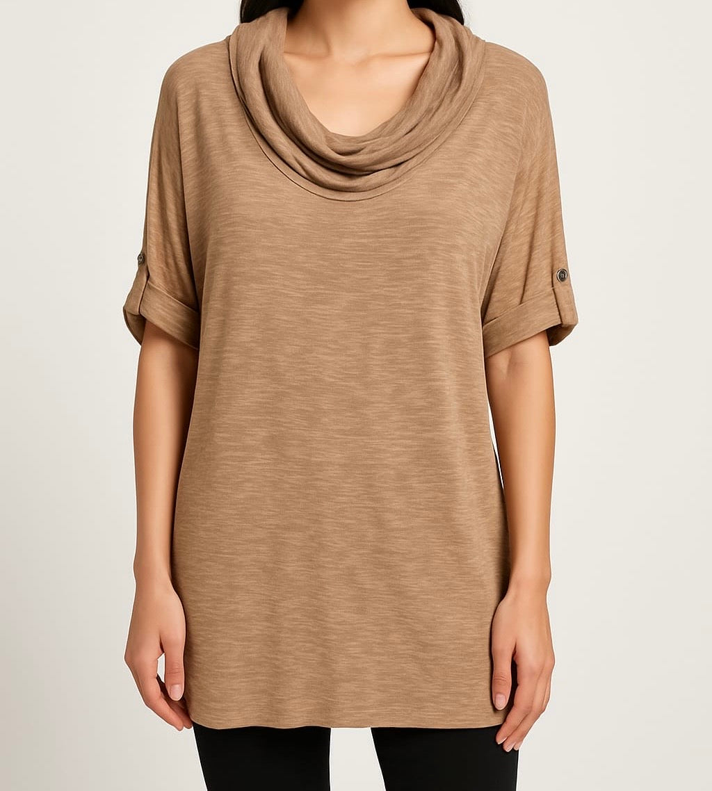 Camel Cowl Neck Roll-Up Sleeve Top