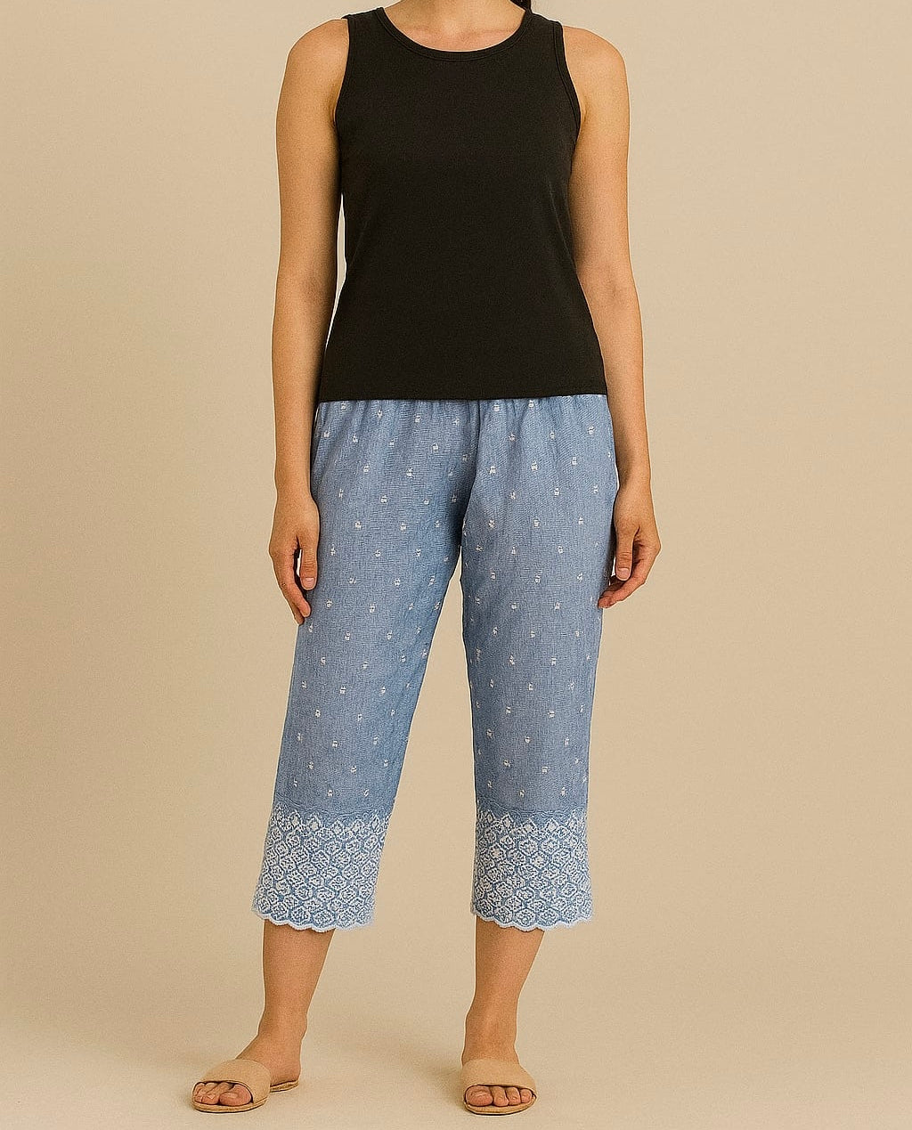 Blue Embroidered Cotton Capri Pants