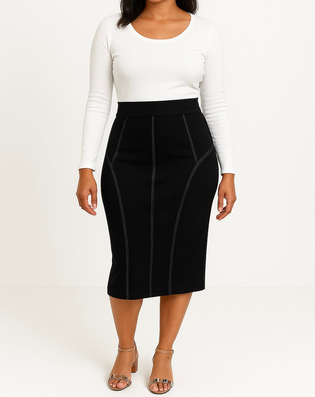 Classic Black Pencil Skirt with Contrasting Stitching