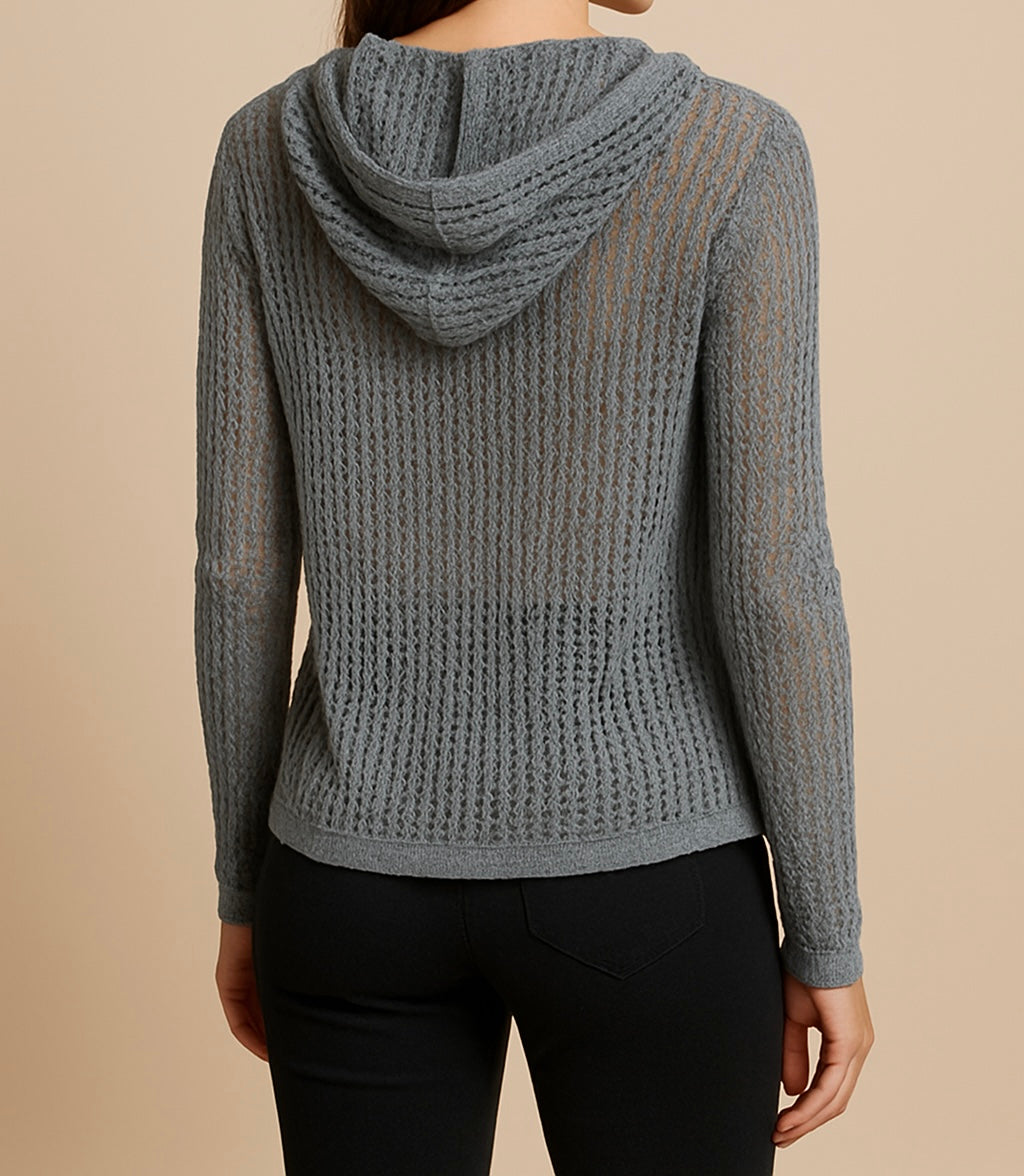 Grey Open-Knit Zip-Up Hoodie