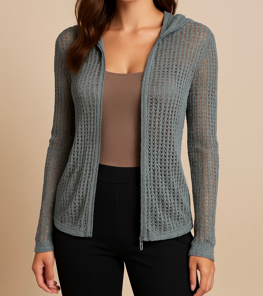 Grey Open-Knit Zip-Up Hoodie