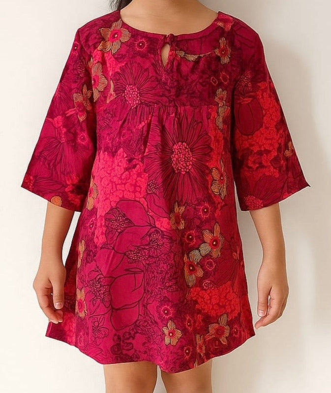 Girls' Floral Maroon A-Line Dress