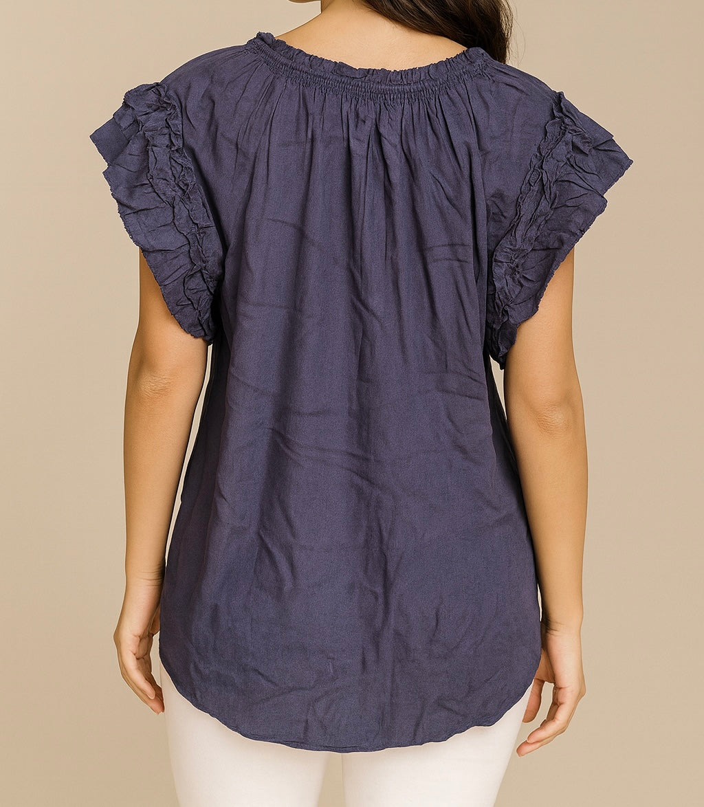 Navy Ruffle Sleeve Blouse