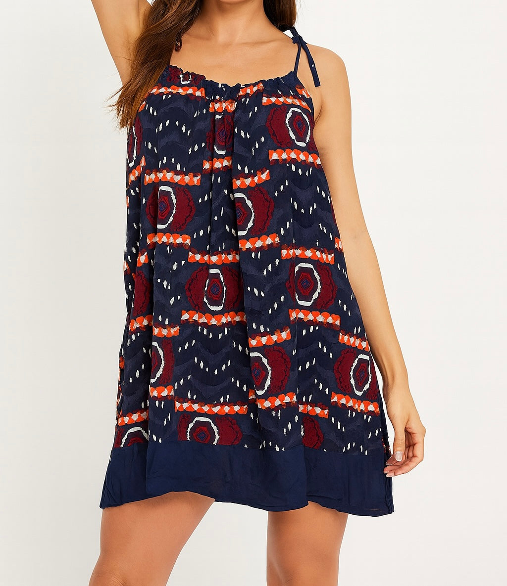 Navy Printed Tie-Strap Dress
