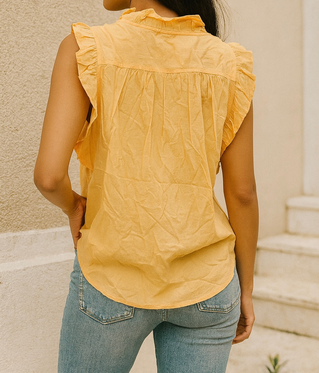 Mustard Ruffle Trim Sleeveless Top