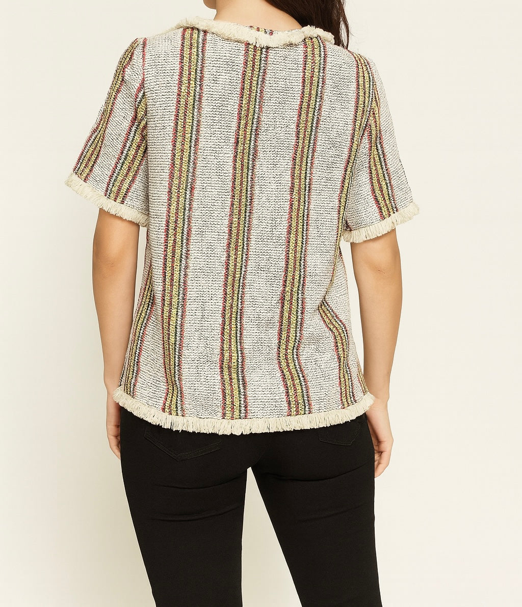Textured Fringe Trim Striped Top