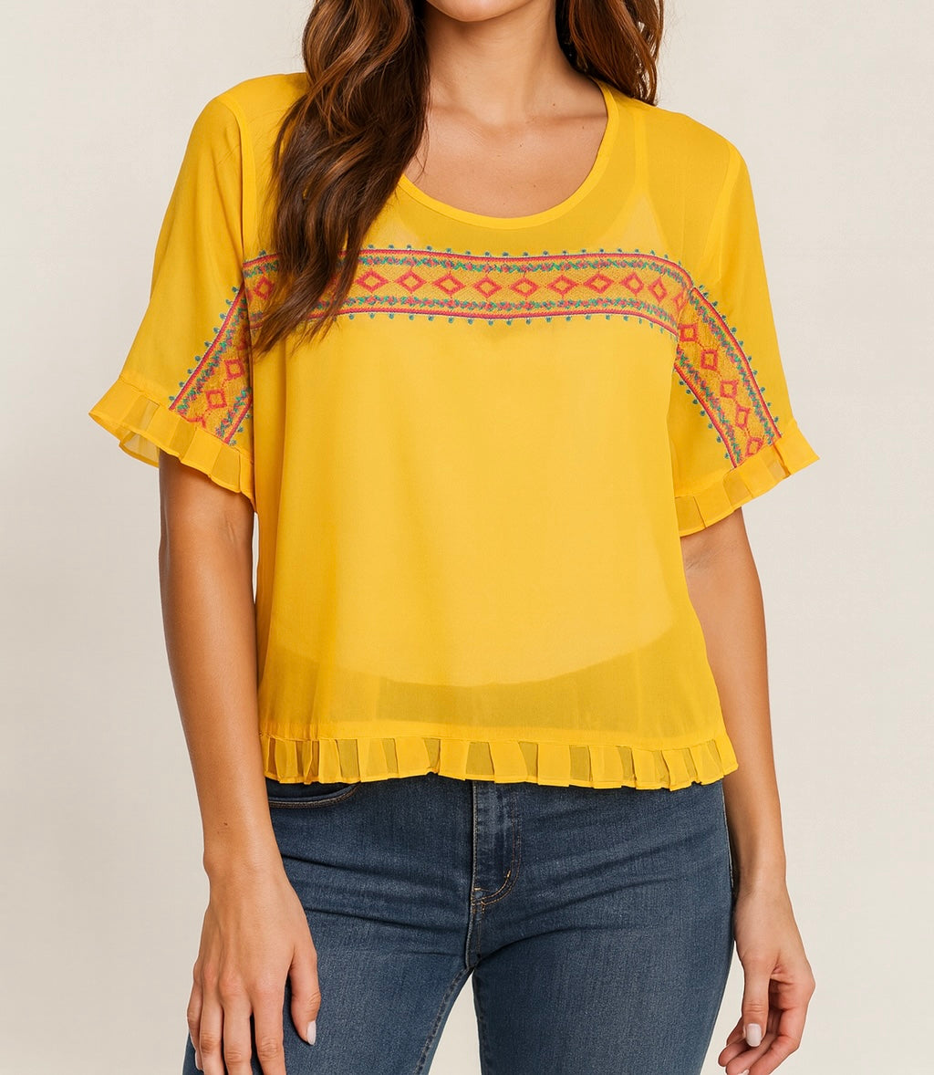 Embroidered Ruffle Hem Blouse
