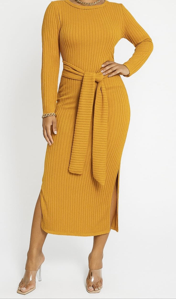 Mustard Ribbed Knit Belted Midi Dress
