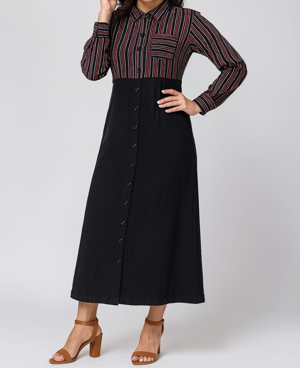 Striped Contrast Button-Down Midi Dress