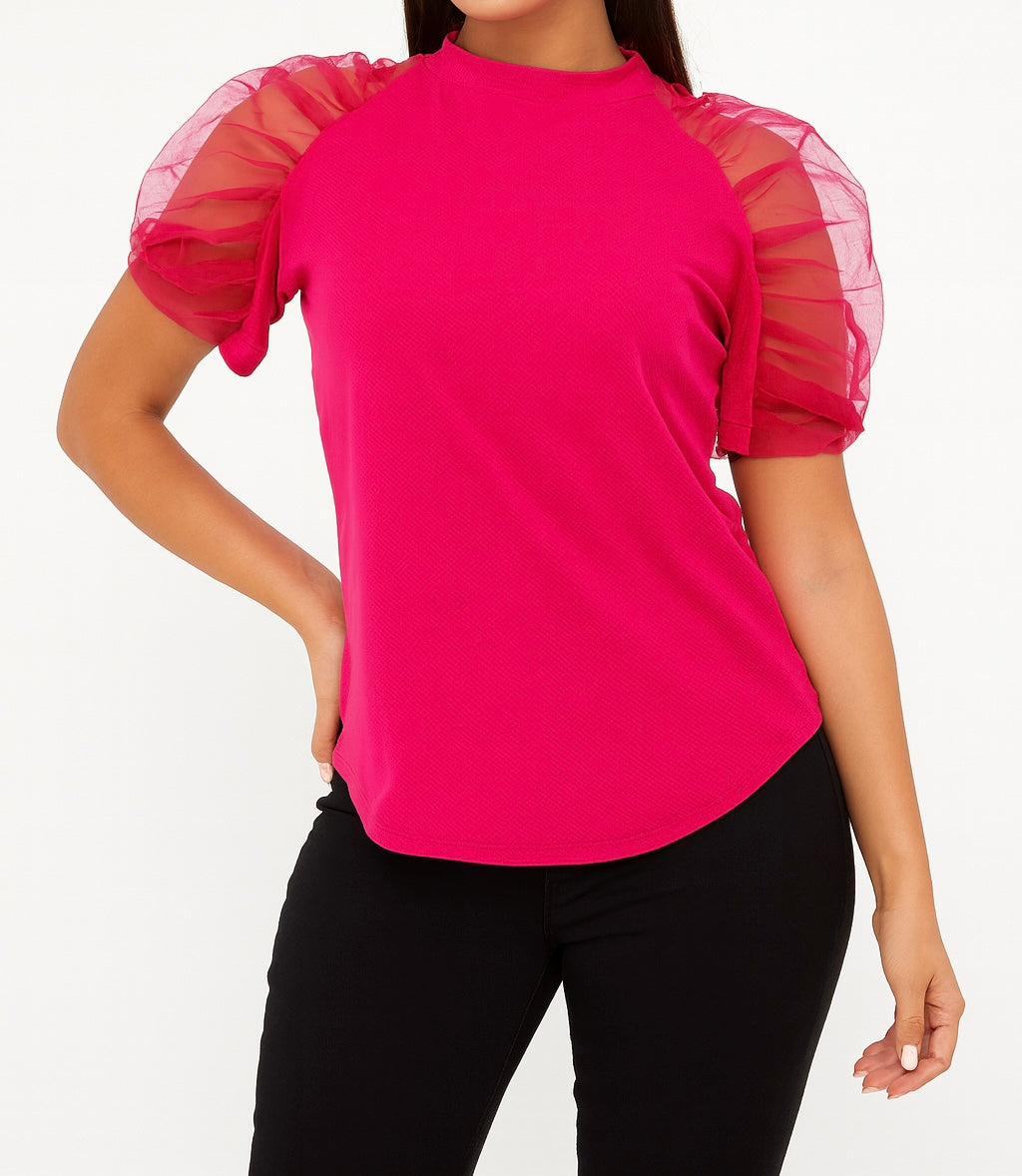 Mesh Puff Sleeve Casual Top