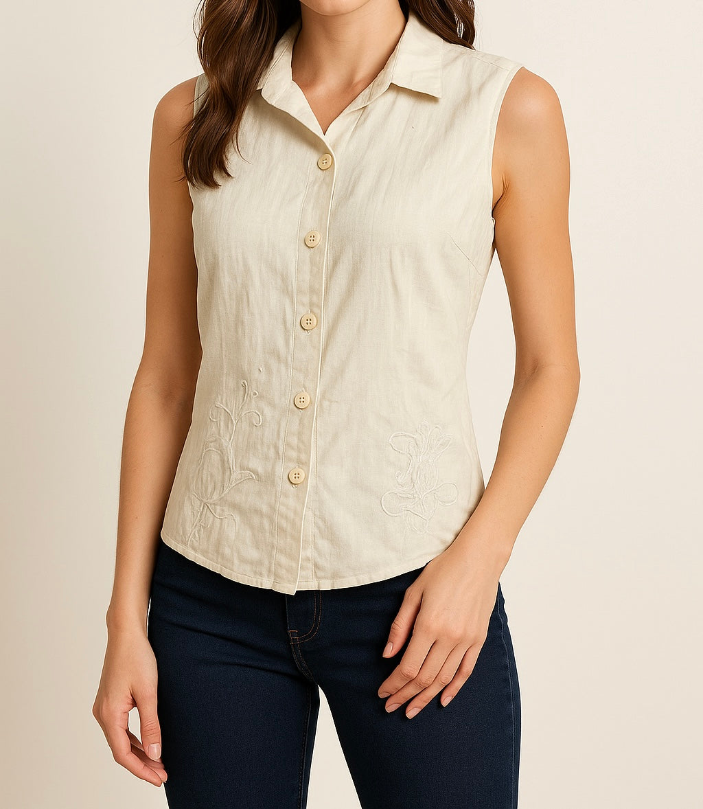Beige Sleeveless Button-Down Shirt