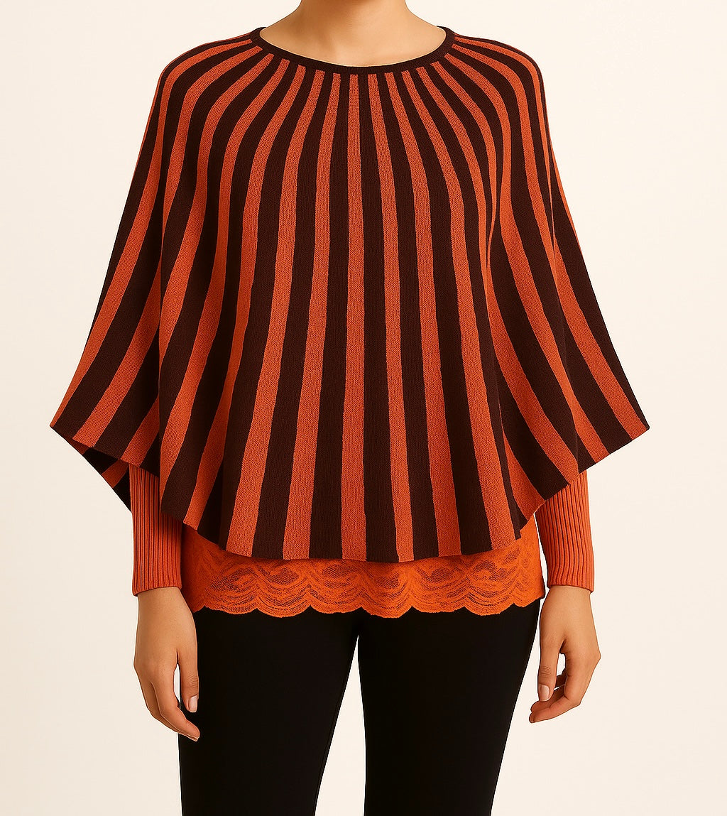 Green/orange Striped Knit Poncho with Layered Lace Hem