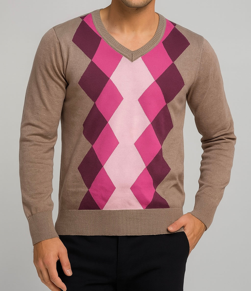 Argyle Knit V-Neck Sweater