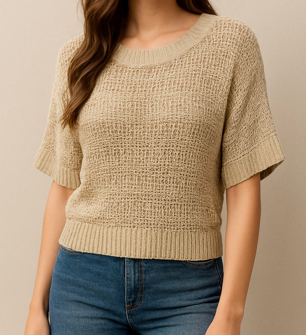 Beige Open-Weave Knit Short-Sleeve Sweater
