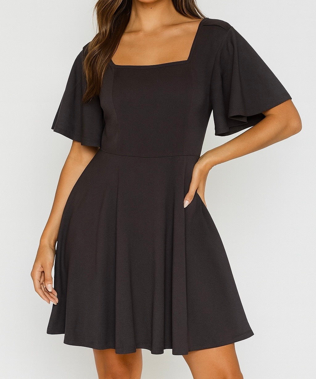 Square Neck Flare Sleeve Skater Dress