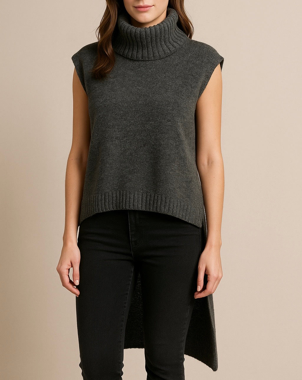 Grey Sleeveless High Low Turtleneck Sweater