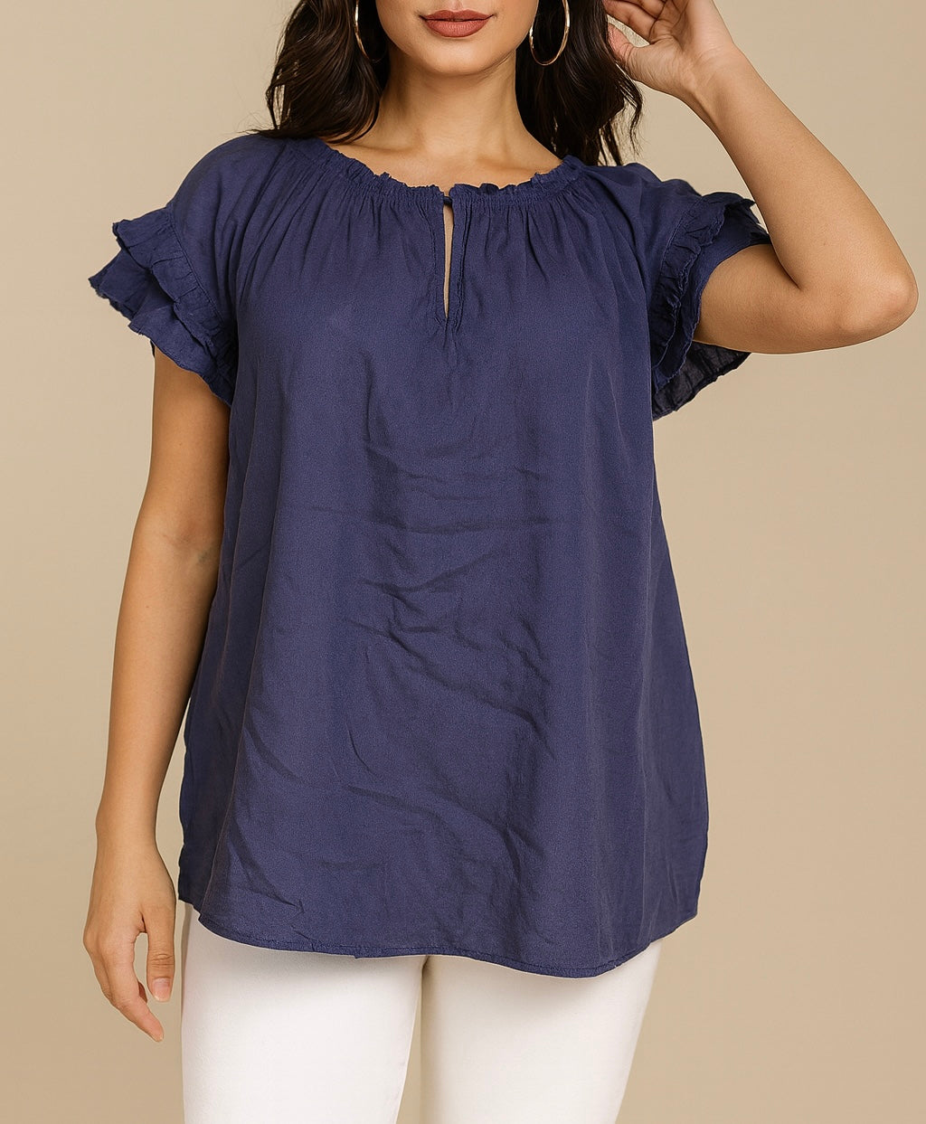 Navy Ruffle Sleeve Blouse