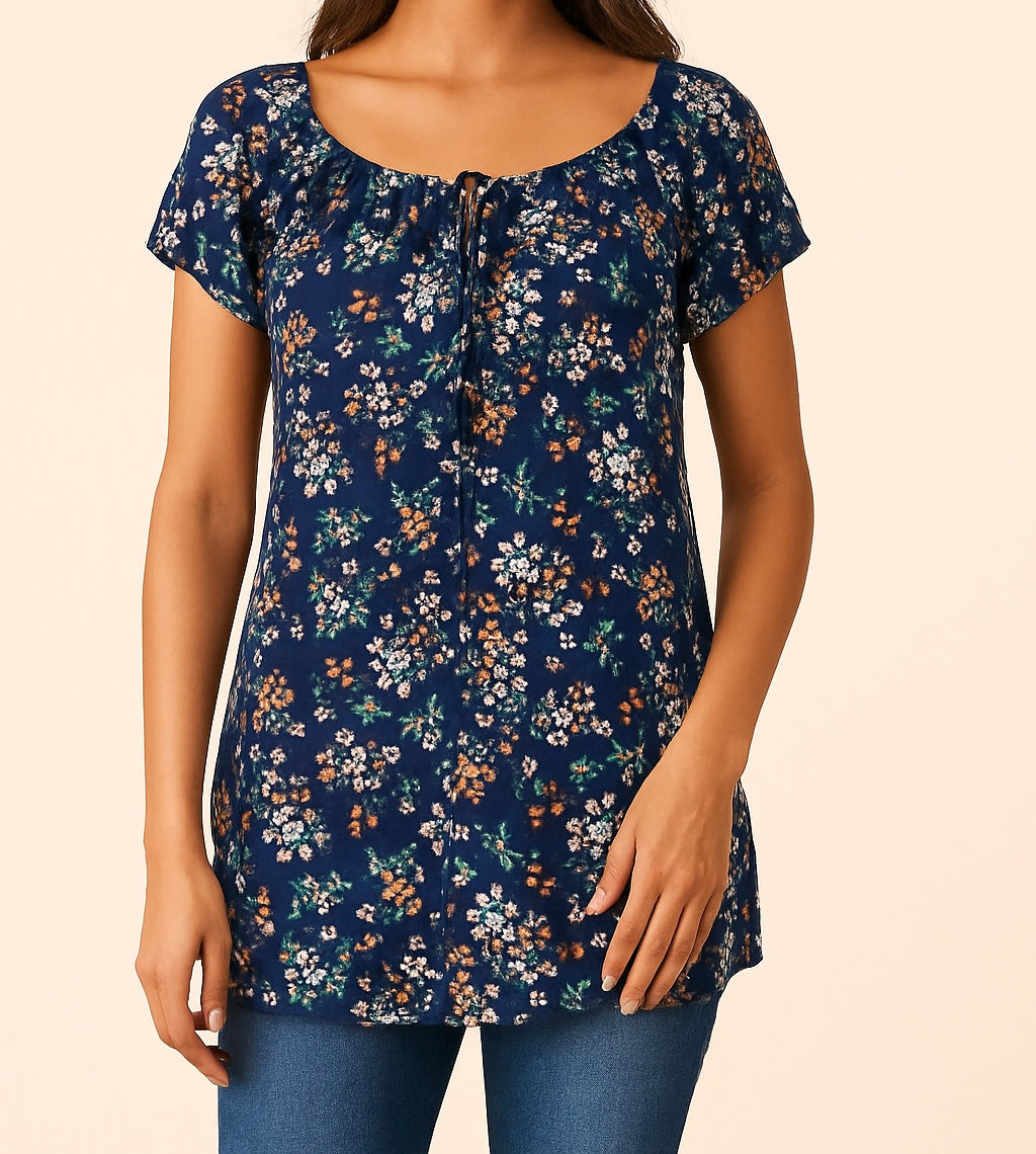 Navy Floral Print Peasant Top