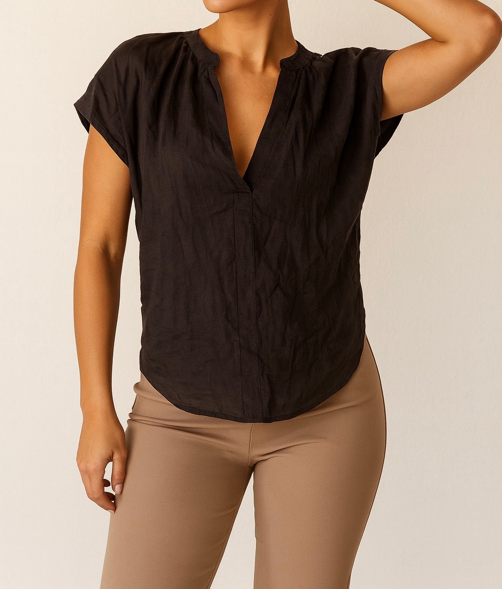 Black V-Neck Cap Sleeve Blouse