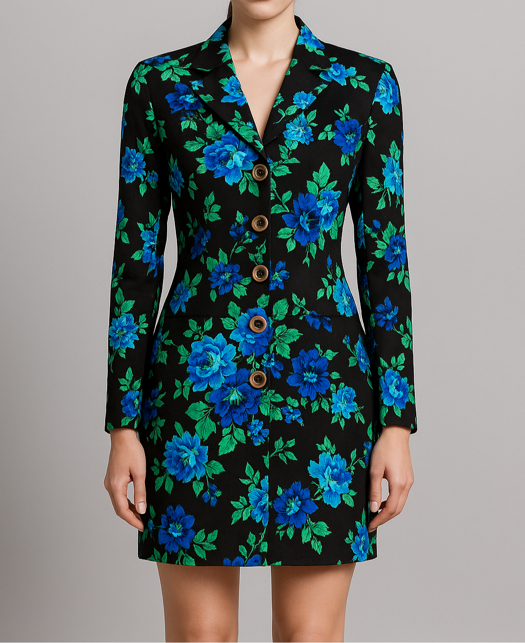 Floral Print Blazer Dress in Black and Blue